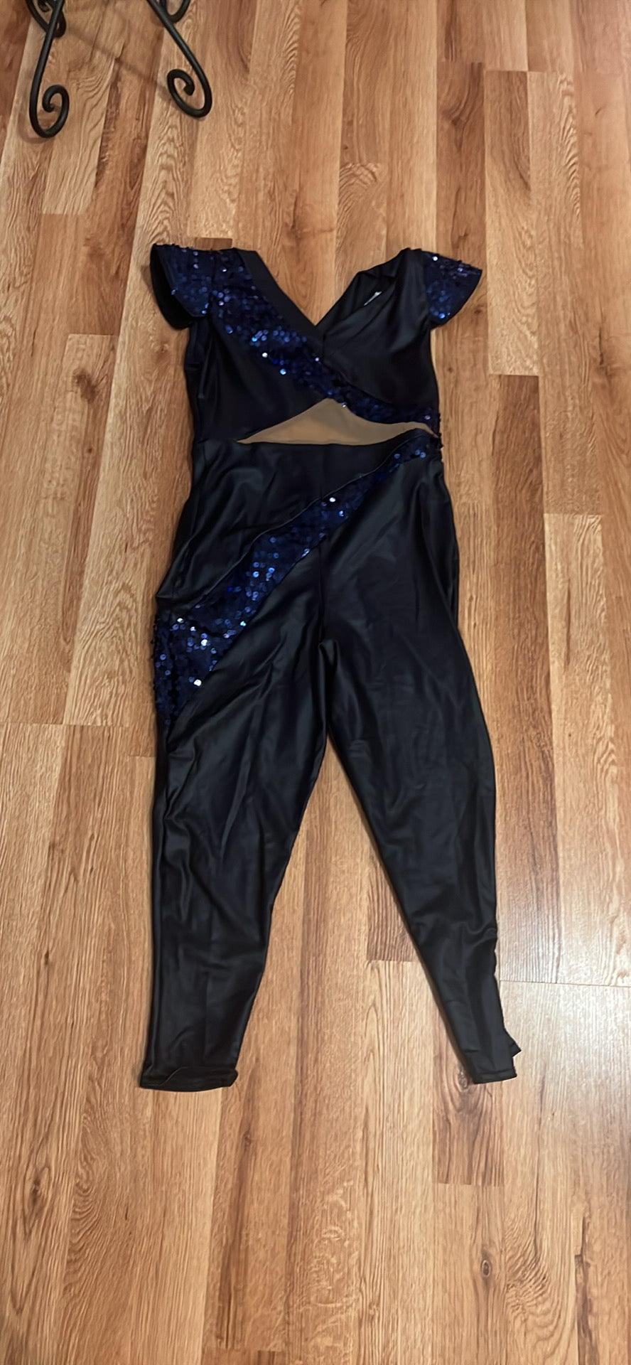BLUE LEATHER LOOK WITH BLUE SEQUINS ONE PIECE JUMPSUIT