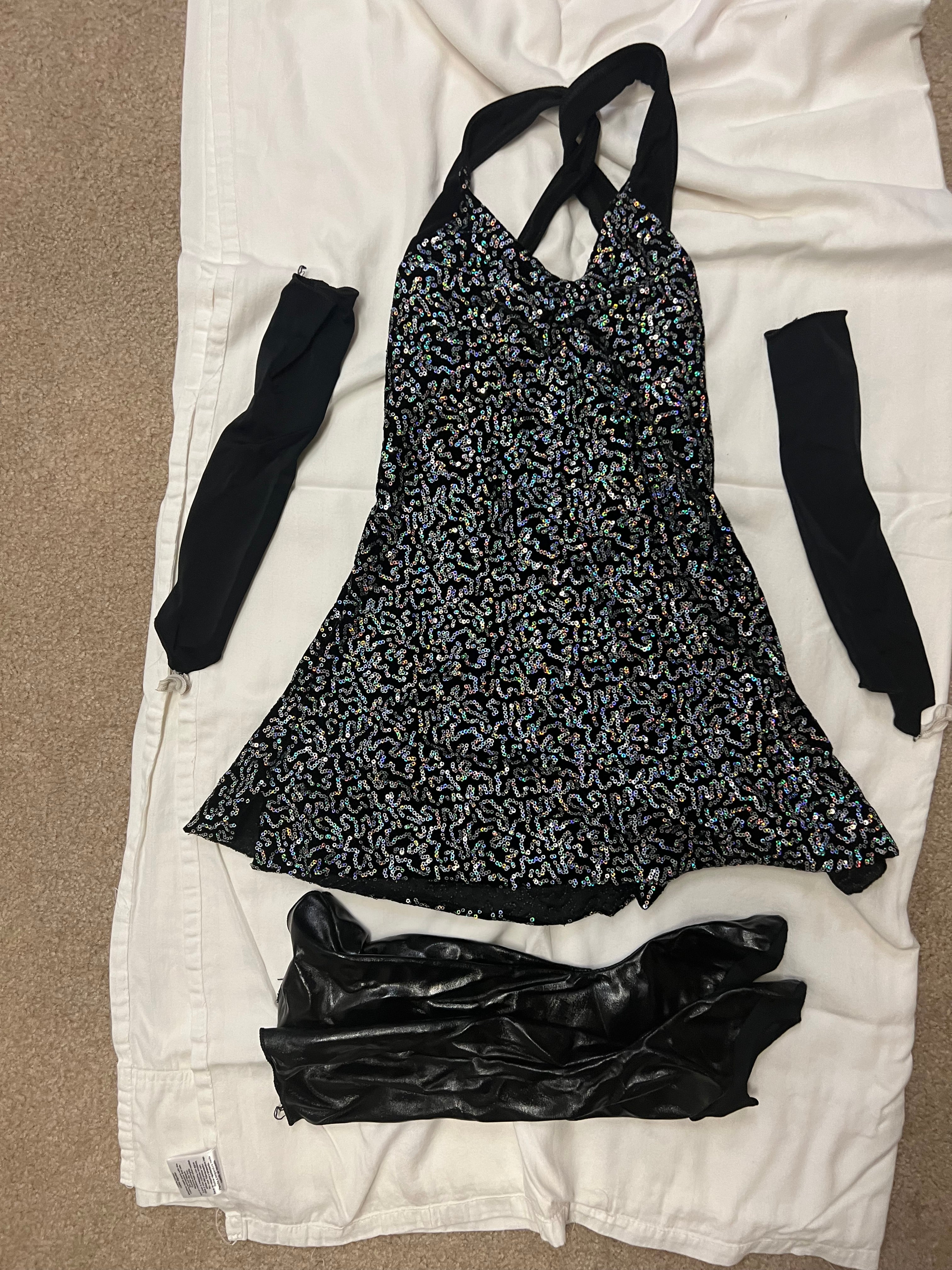 BLACK WITH SILVER SEQUIN WITH GLOVES AND BOOT COVERS. CL