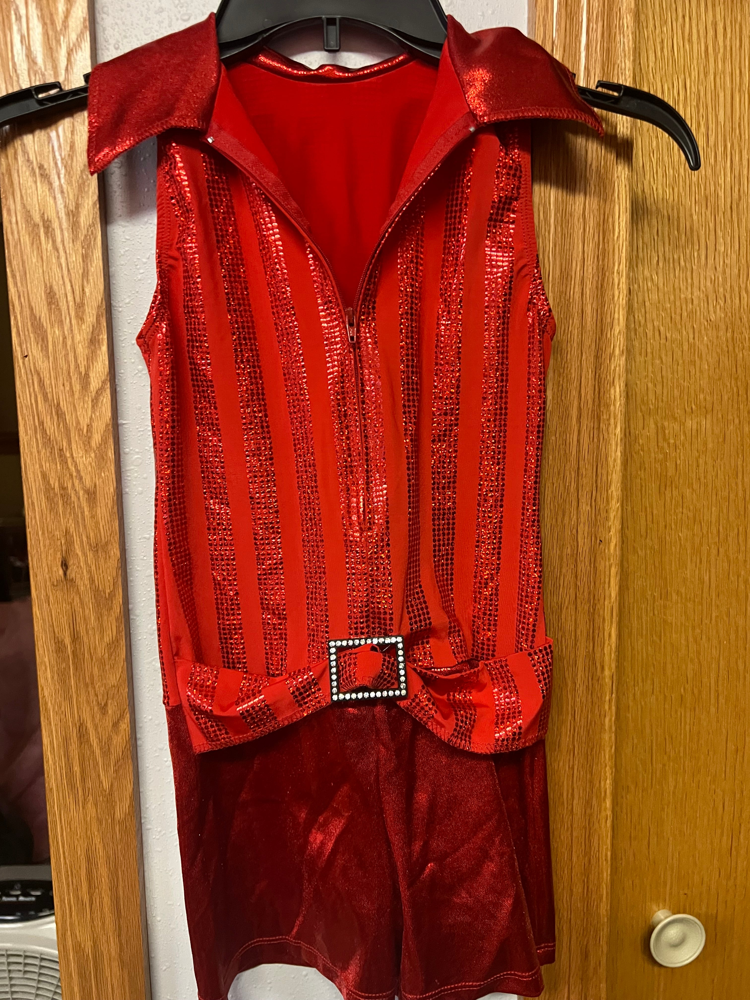 RED ONE PIECE SHORTS JUMP SUIT WITH BLACK SEQUIN BELT