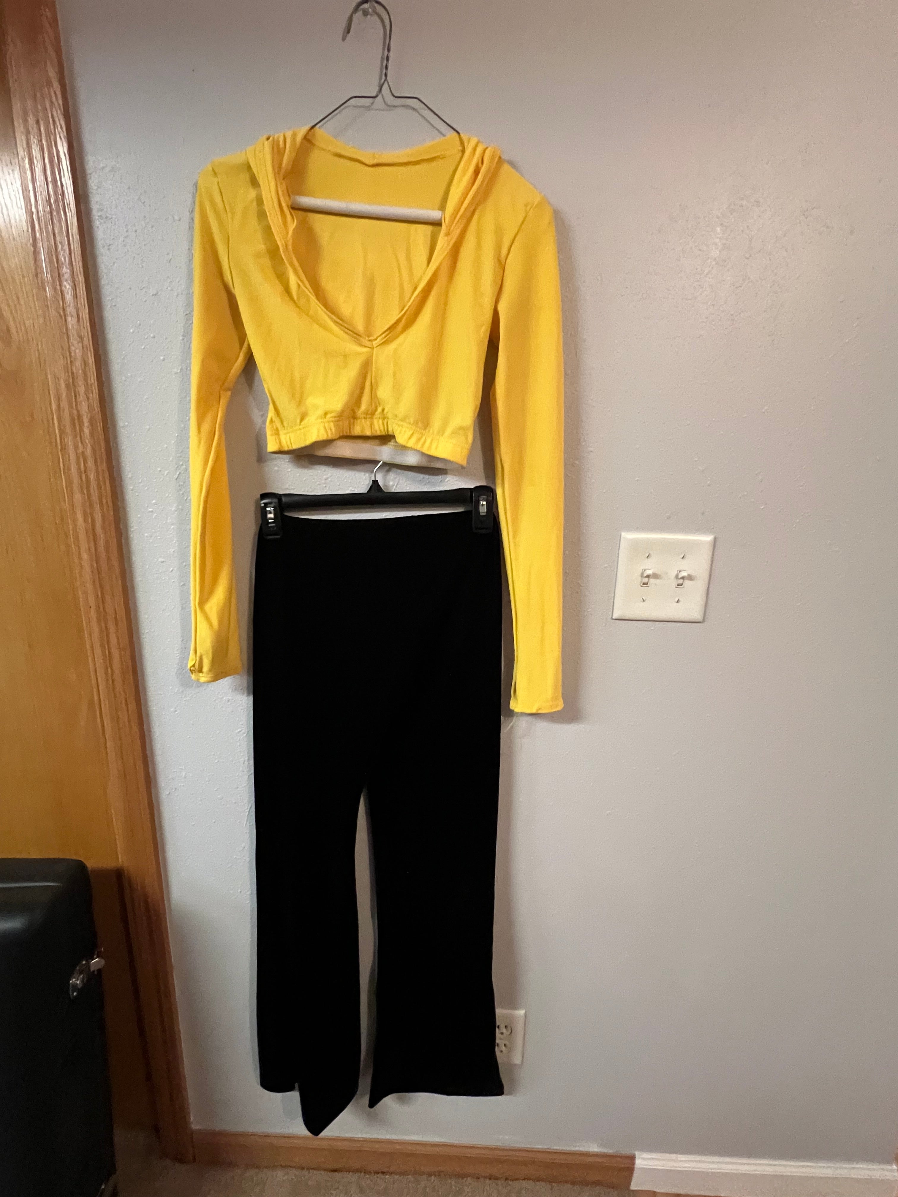 YELLOW HALF TOP WITH BLACK VELVET PANTS