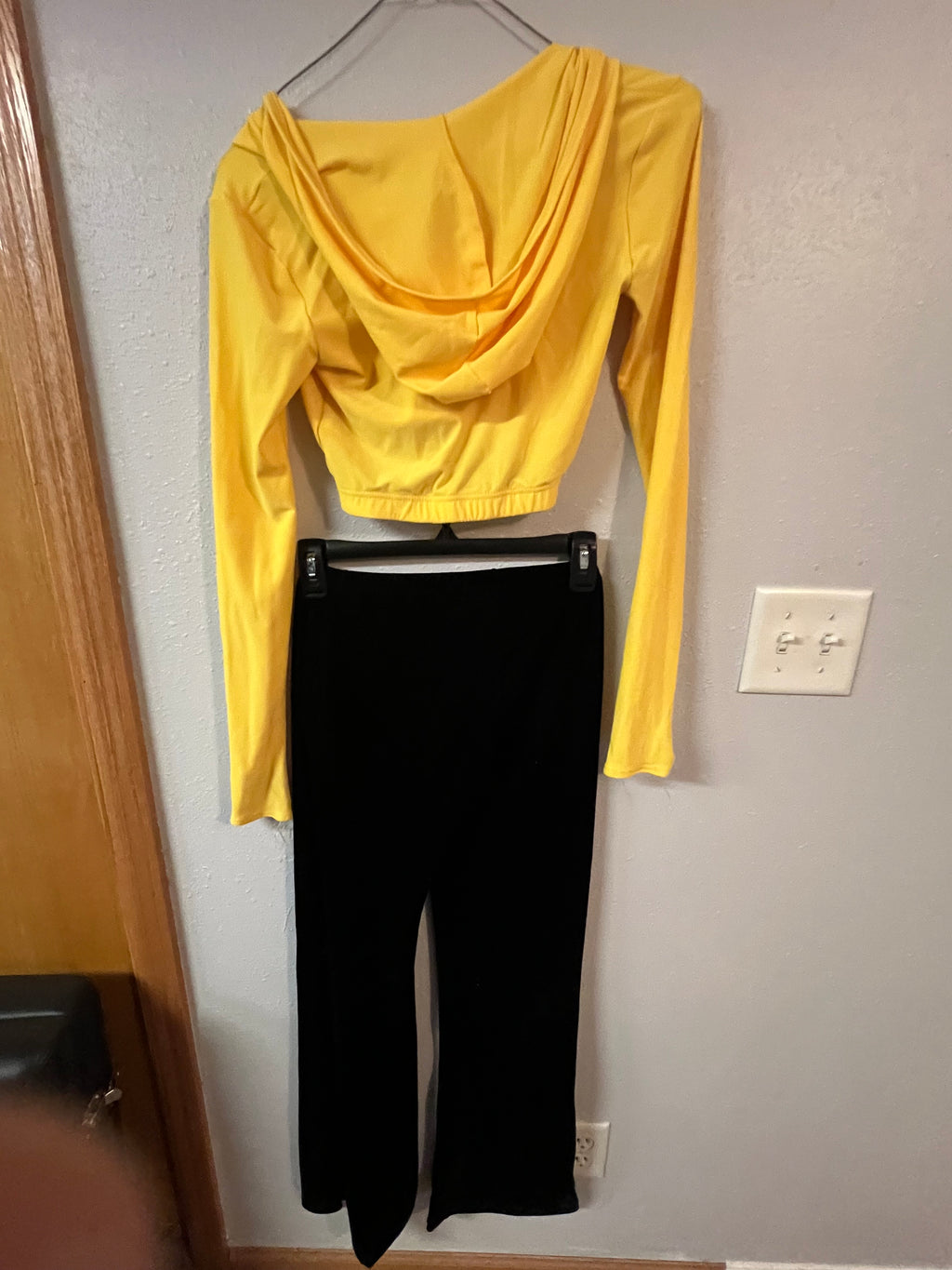 YELLOW HALF TOP WITH BLACK VELVET PANTS