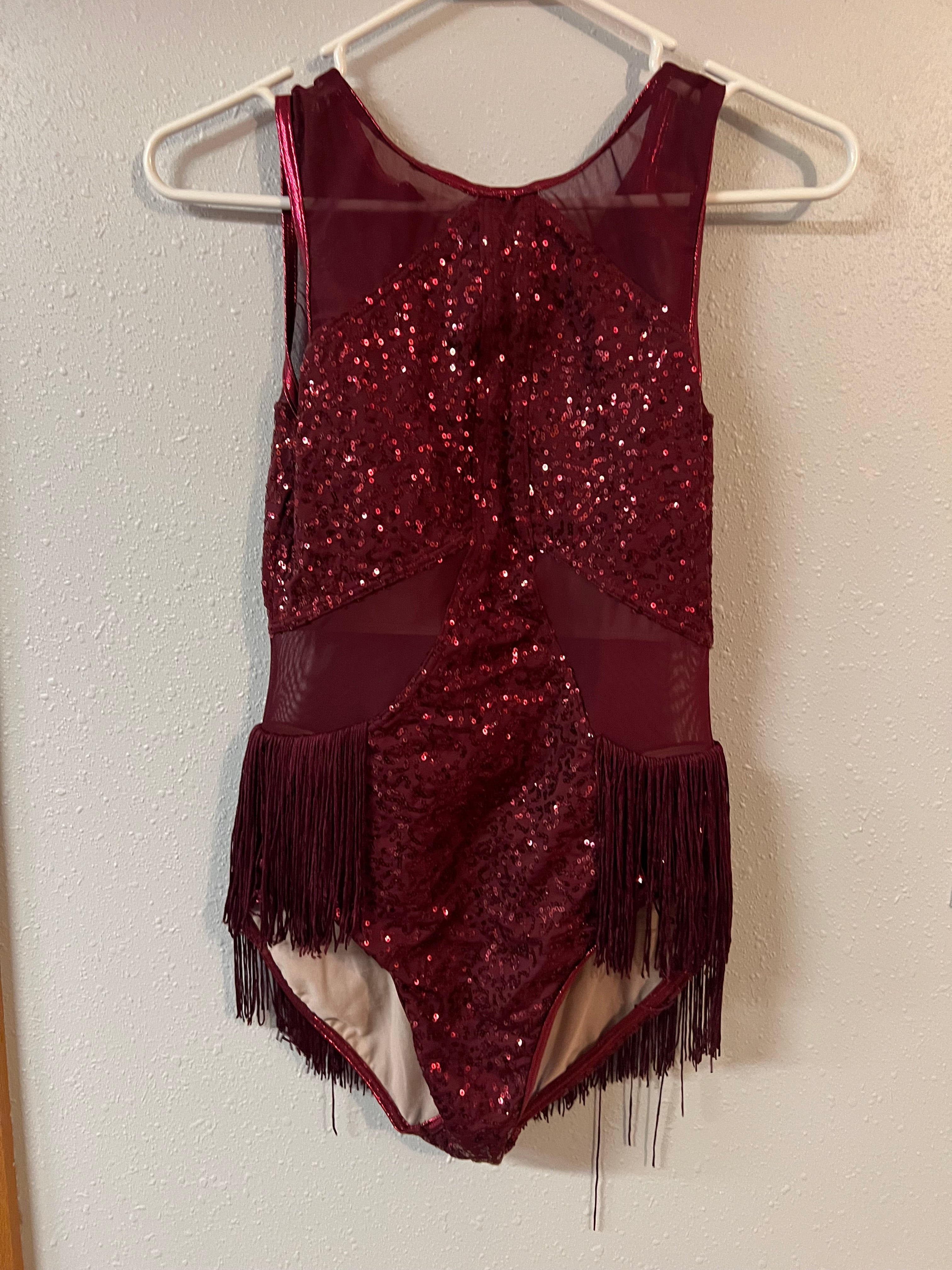 BURGNDY ONE PIECE FRINGE OUTFIT.