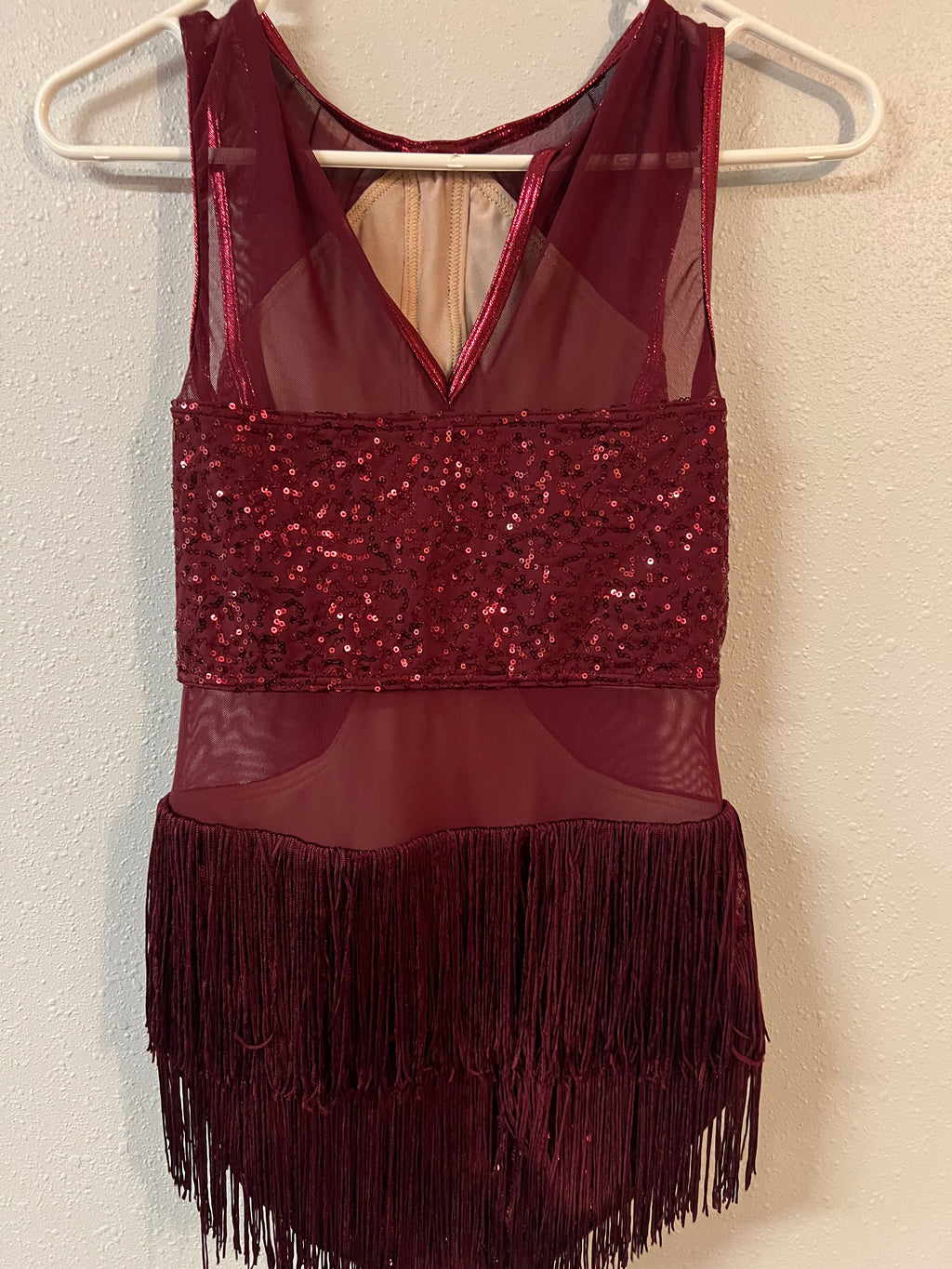 BURGNDY ONE PIECE FRINGE OUTFIT.