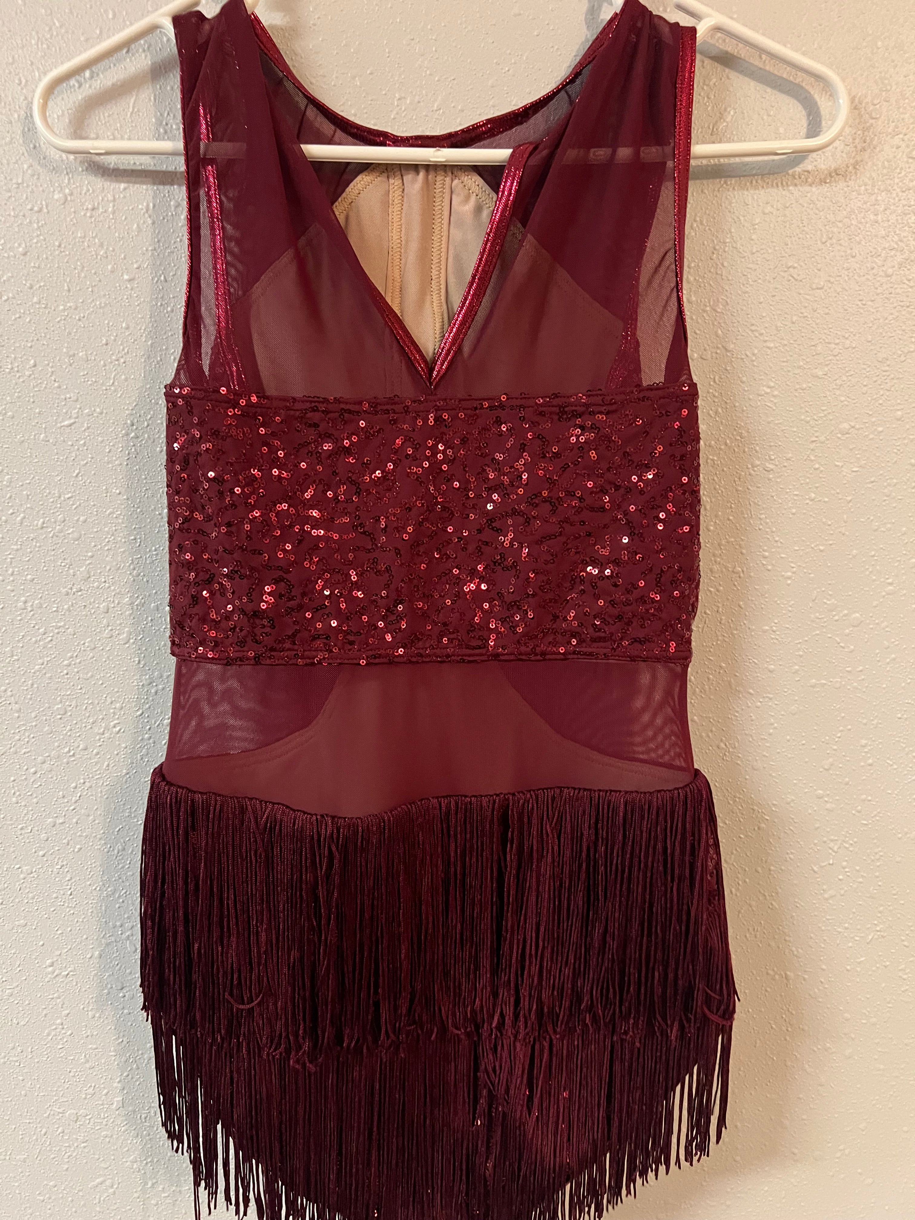 BURGNDY ONE PIECE FRINGE OUTFIT.
