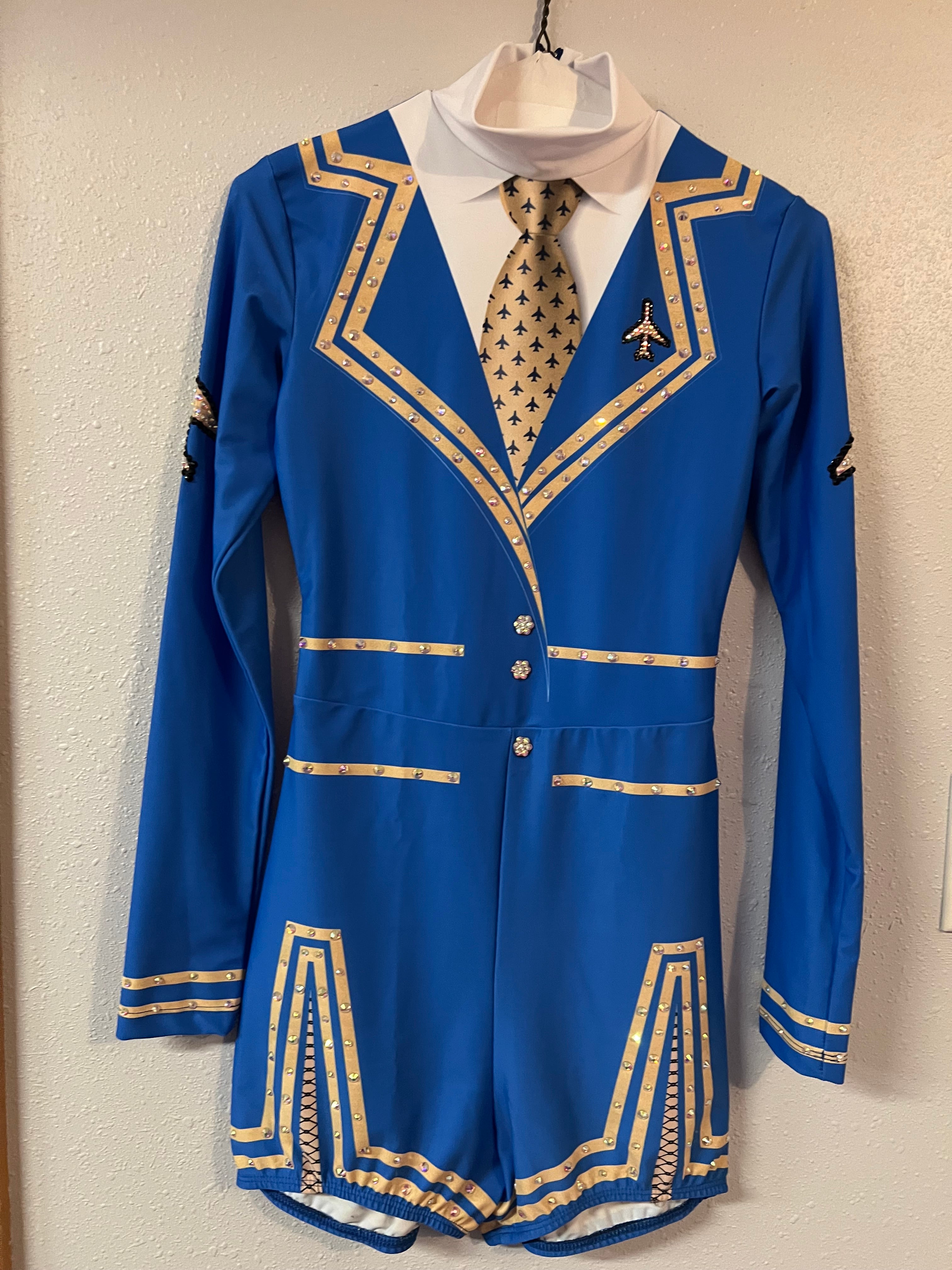 BLUE, WHITE & GOLD FLIGHT ATTENDANCE OUTFIT WITH SWAROVSKI CRYSTALS