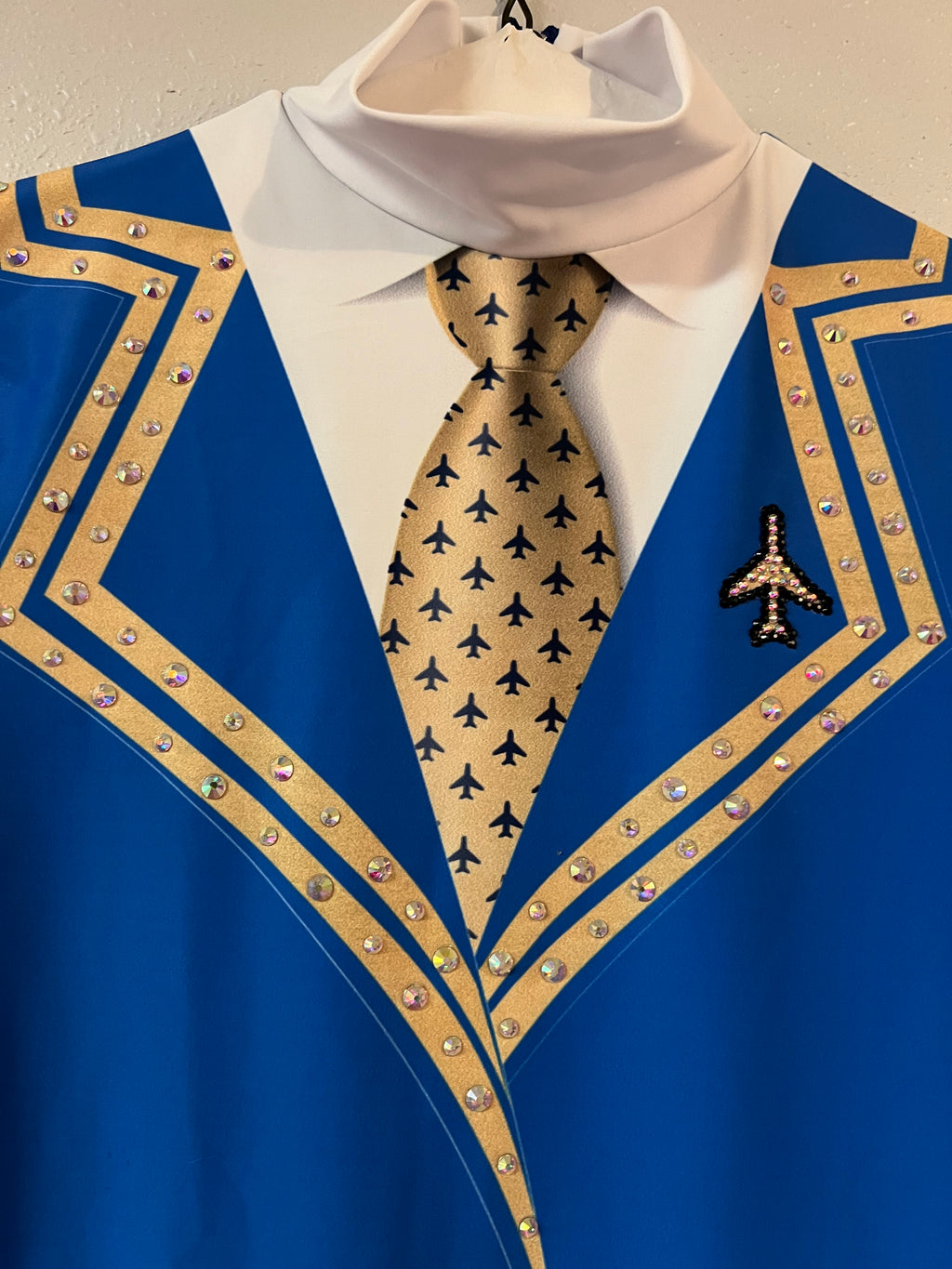BLUE, WHITE & GOLD FLIGHT ATTENDANCE OUTFIT WITH SWAROVSKI CRYSTALS