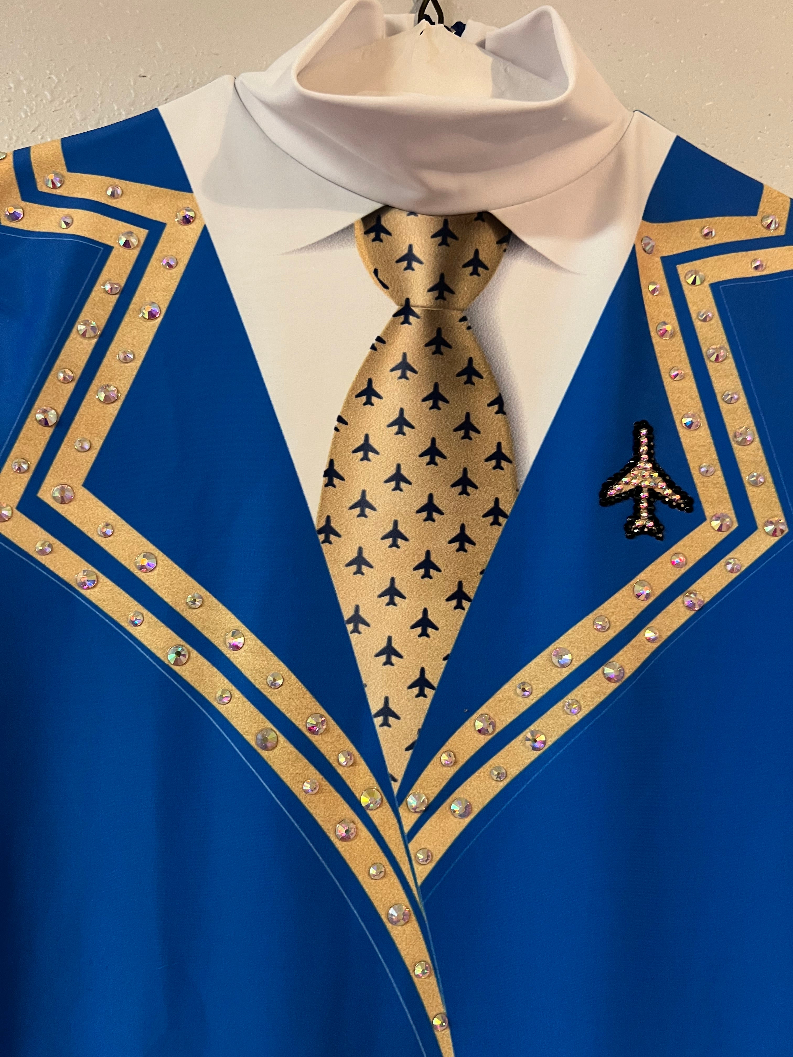 BLUE, WHITE & GOLD FLIGHT ATTENDANCE OUTFIT WITH SWAROVSKI CRYSTALS