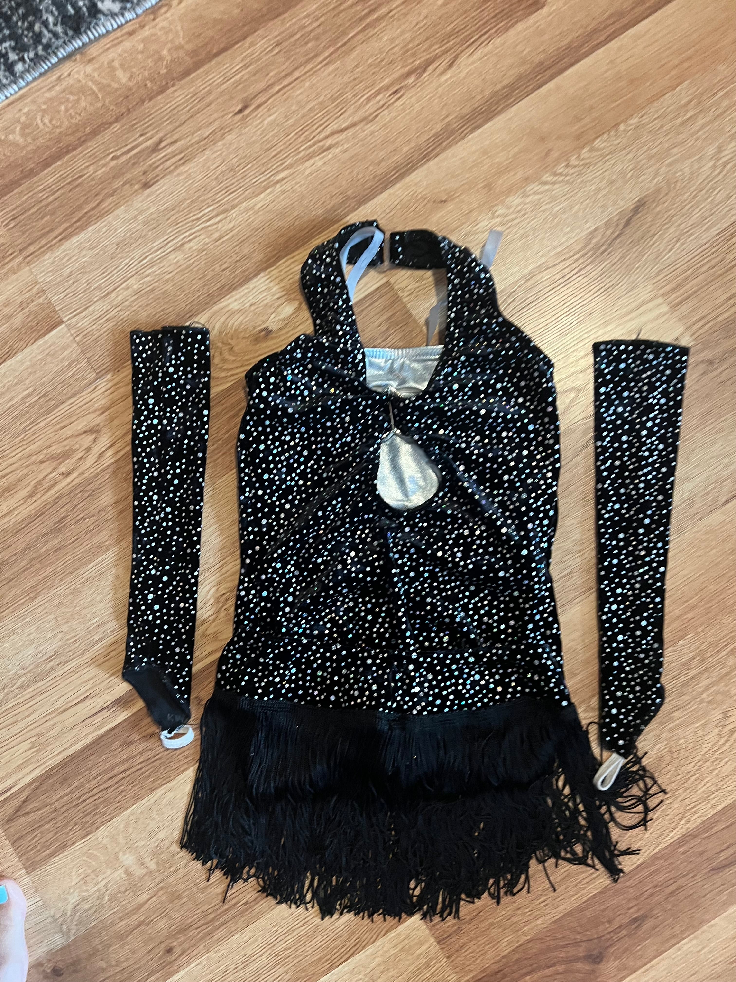 Black and silver jazz costume with gloves.    CM