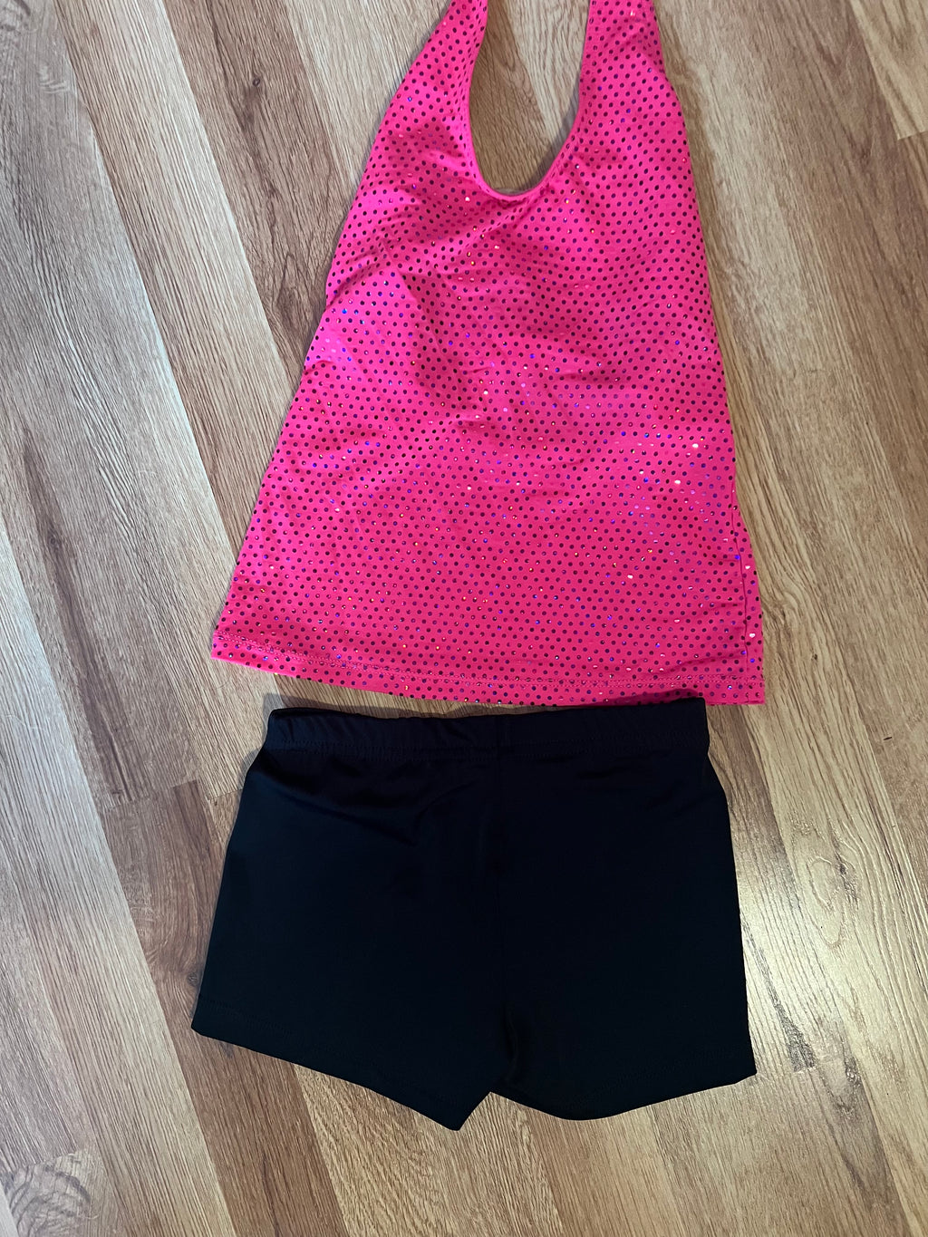 Pink Sequin Top and Black Shorts Dance Costume.   CM