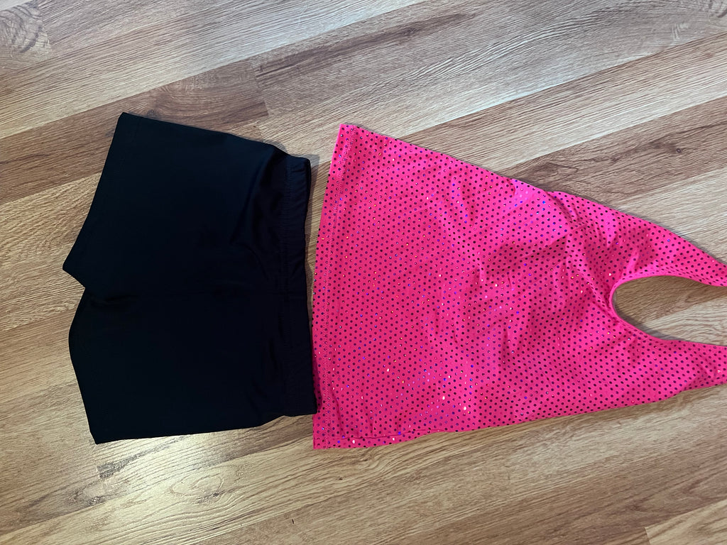 Pink Sequin Top and Black Shorts Dance Costume.   CM