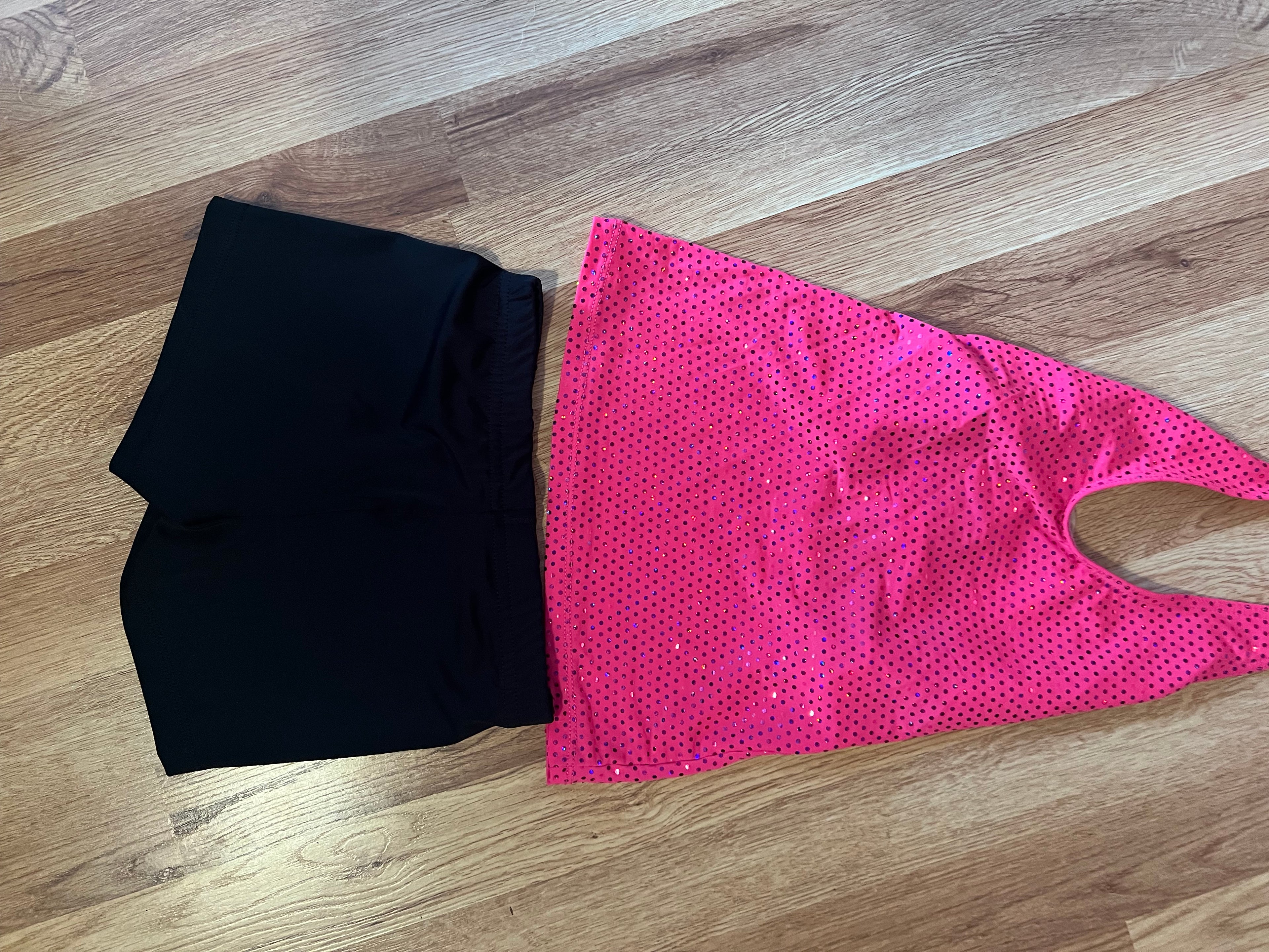 Pink Sequin Top and Black Shorts Dance Costume.   CM