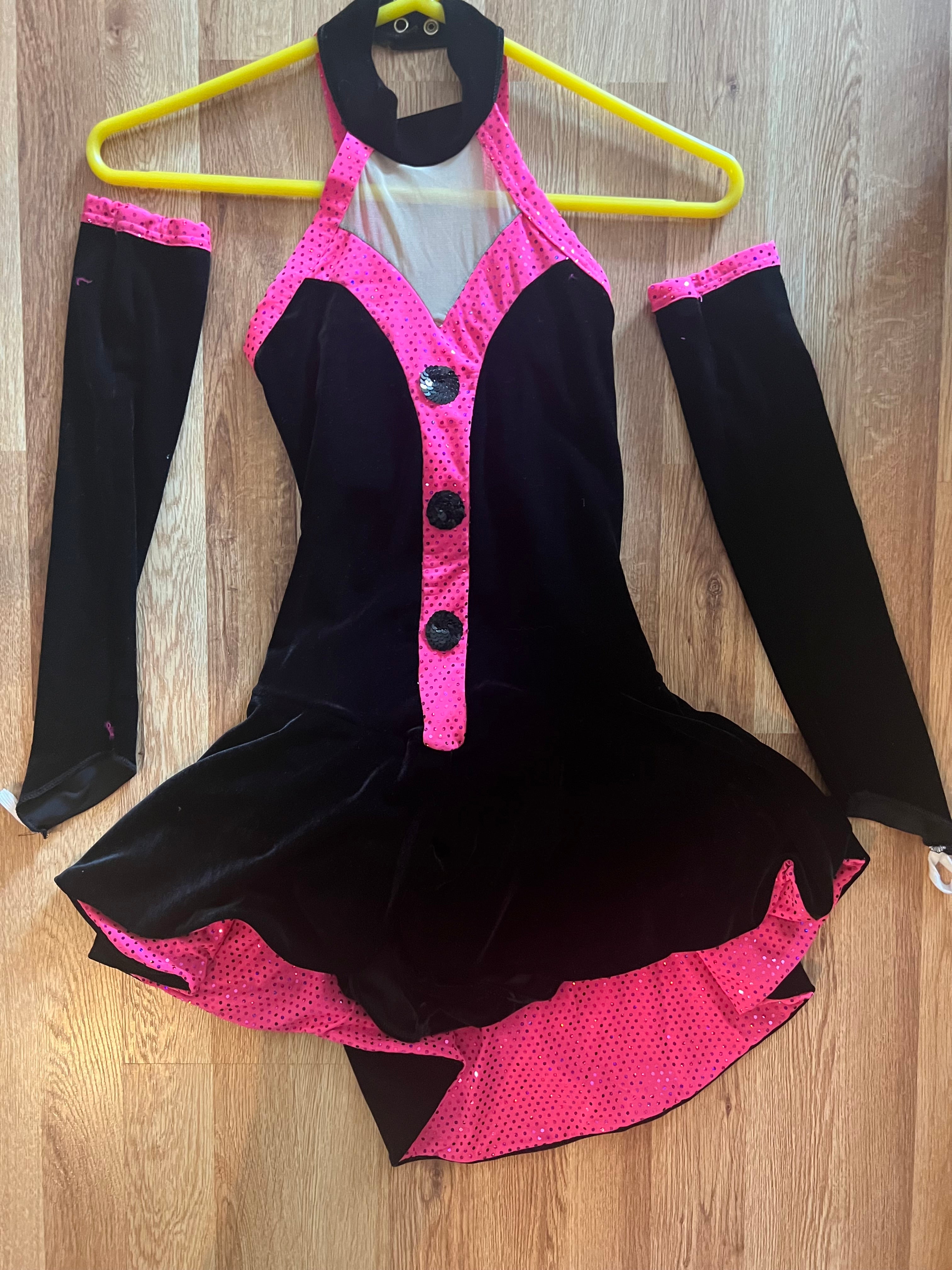 BLACK VELVET DRESS WITH PINK TRIM AND PINK GLOVES
