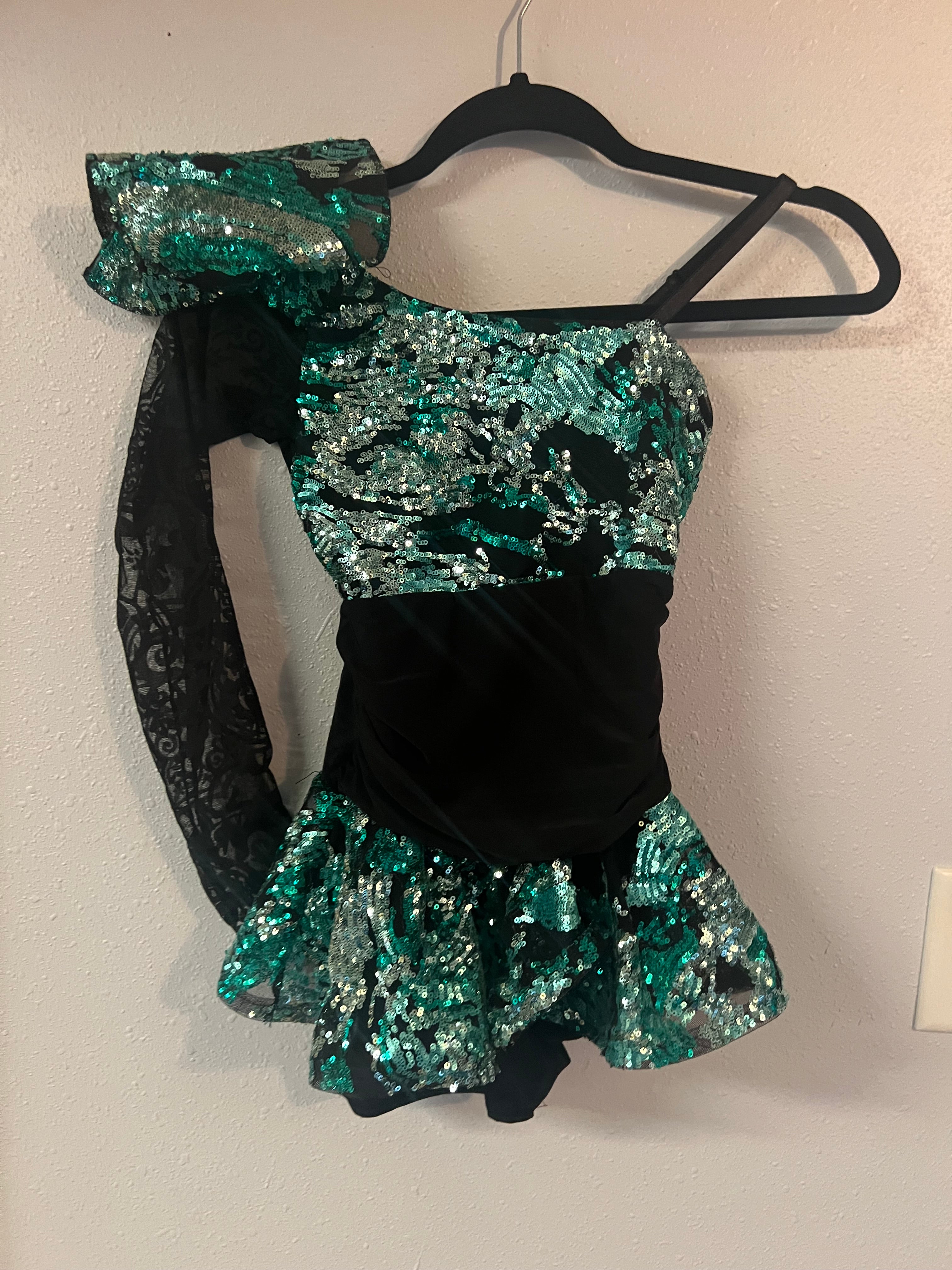 BLACK AND GREEN/SILVER SEQUIN ONE PIECE WITH ONE SLEEVE