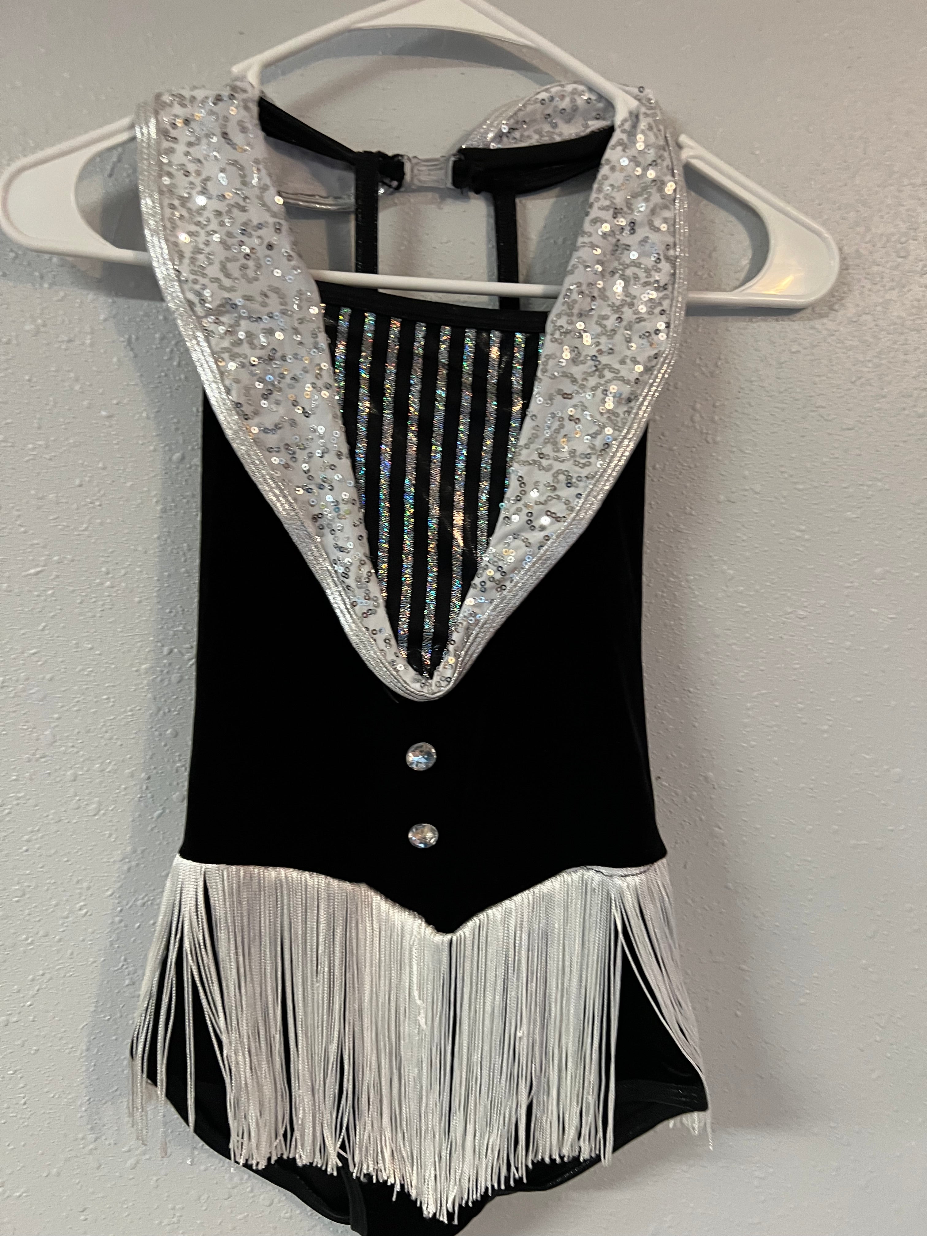 BLACK VELVET WITH SILVER SEUIN AND WHITE FRINGE