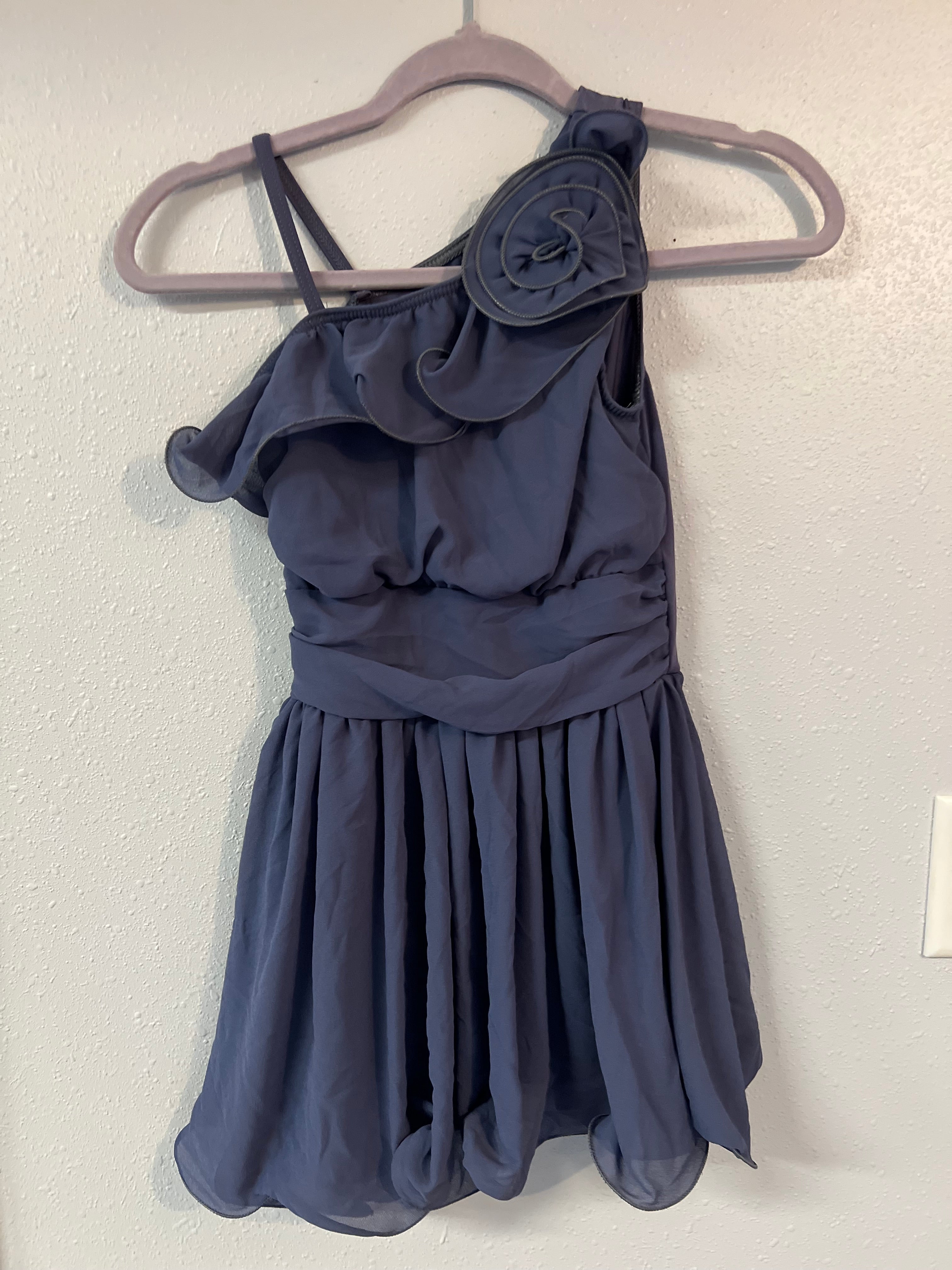 PURPLE LYRICAL DRESS WITH FLOWER ON SHOULDER