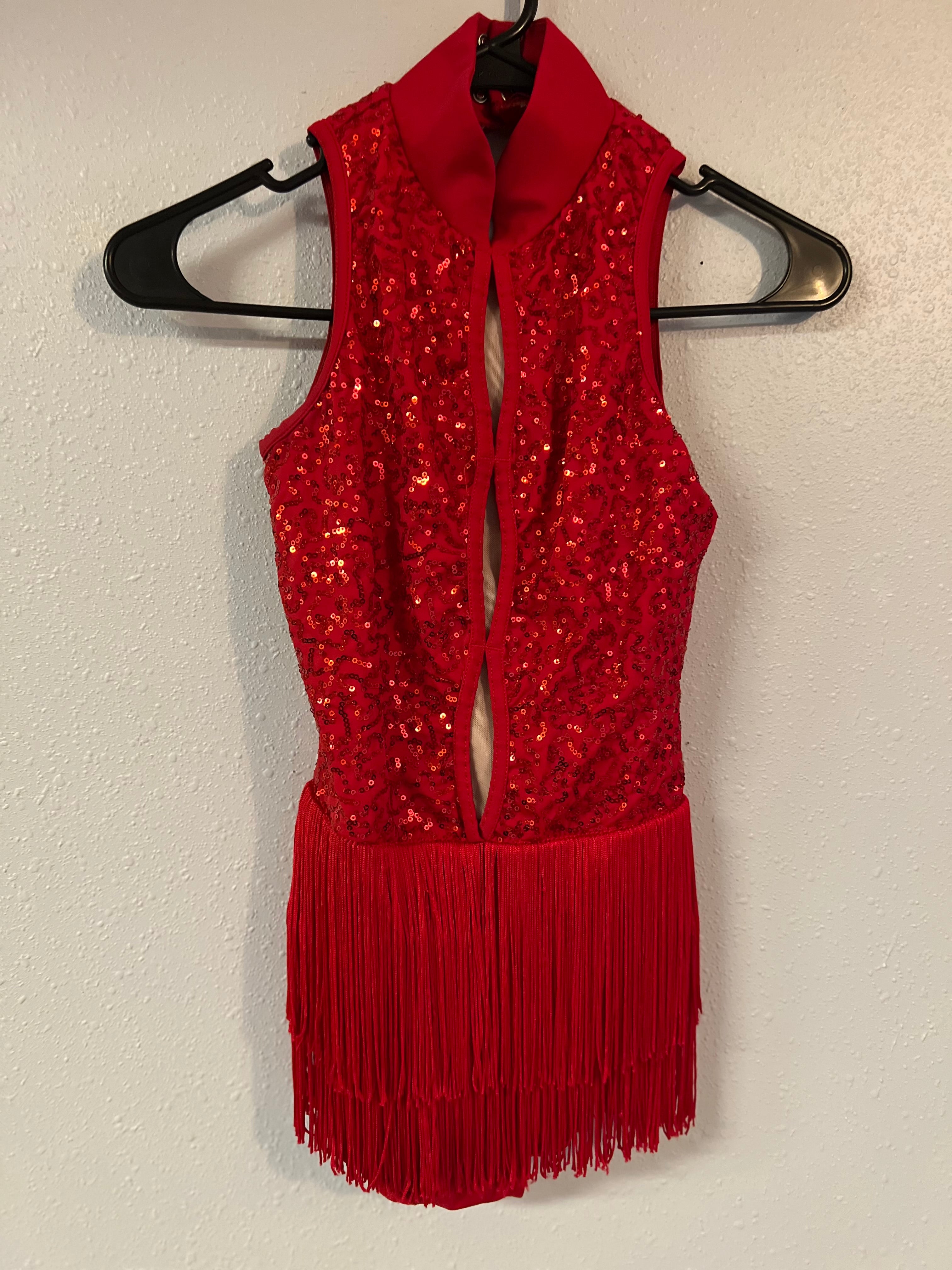 RED ONE PIECE WITH FRINGE SKIRT