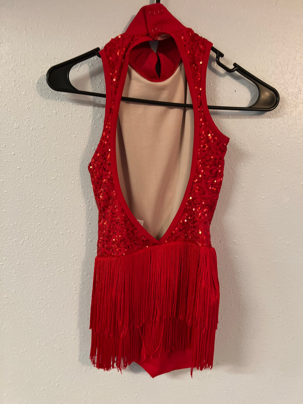RED ONE PIECE WITH FRINGE SKIRT