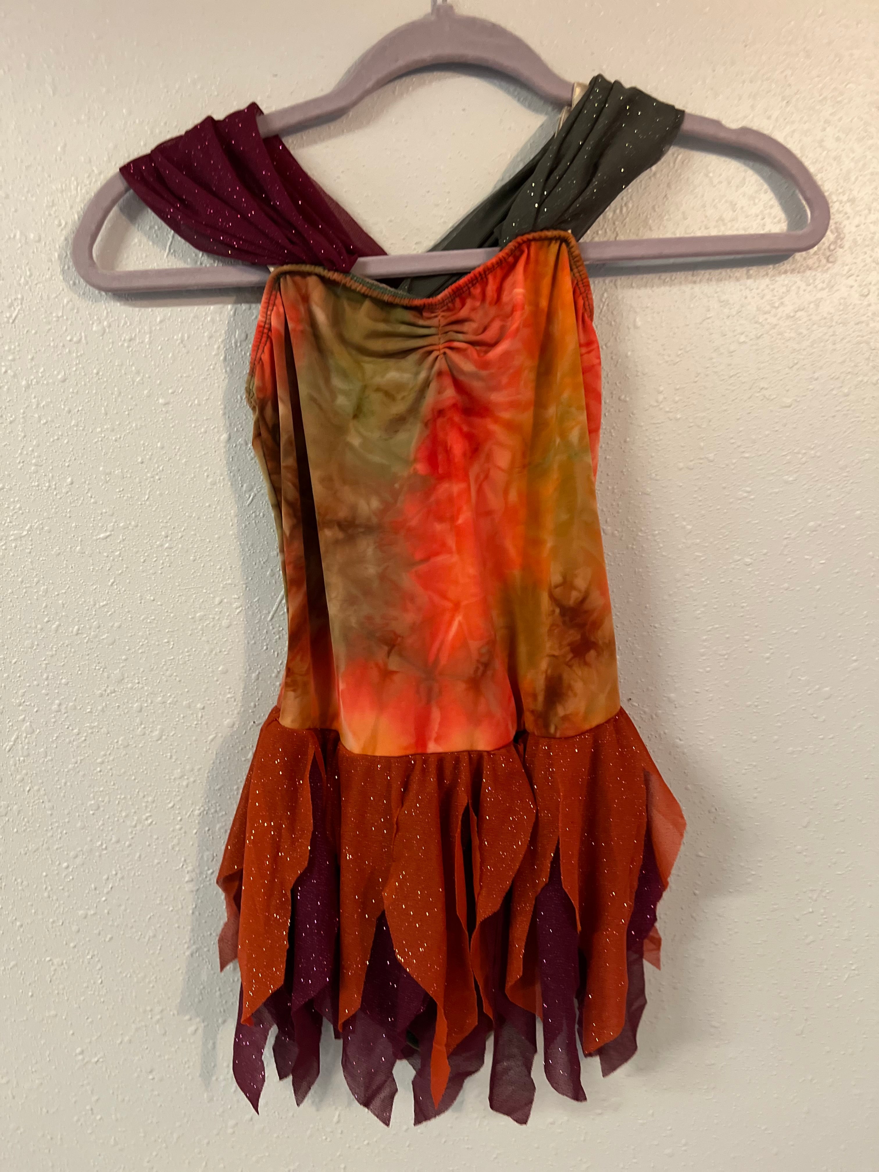 GREEN/ORANGE/WINE DRESS WITH CUT FRINGE